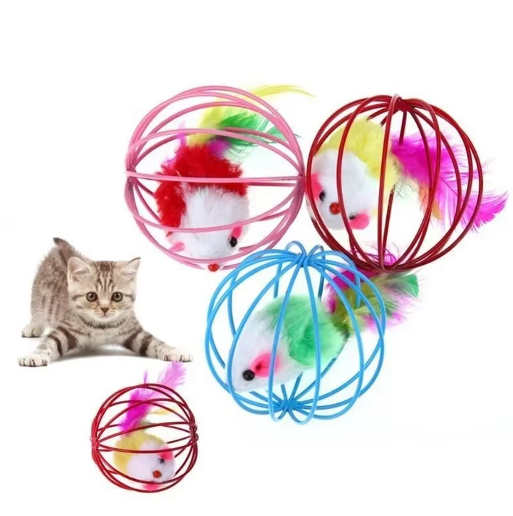 Interactive cat toy mouse in cage with feather tail, stimulating feline playtime