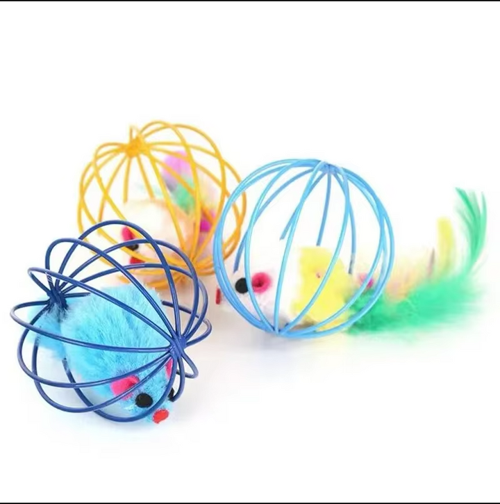 Feline fun with interactive cat toy: mouse in cage featuring natural feather