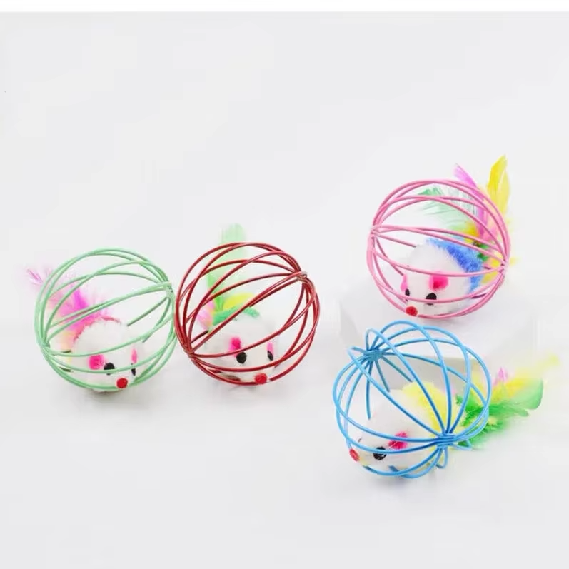 Cat accessory: mouse toy in a wire cage with a flowing feather tail