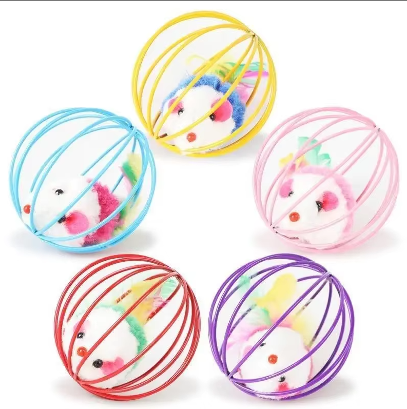 Stimulating interactive cat toy: mouse inside cage with a fluffy feather tail
