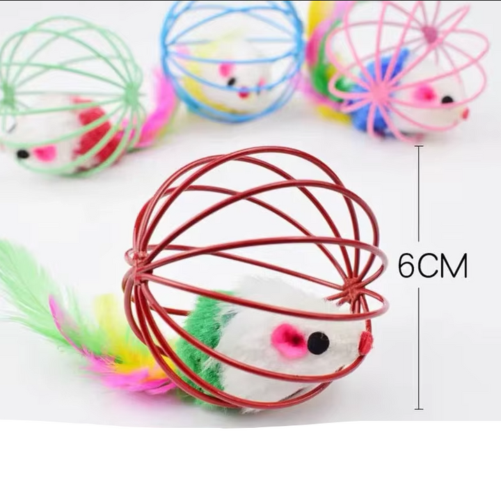 Interactive cat toy mouse in cage with feather tail, promoting healthy pet activity