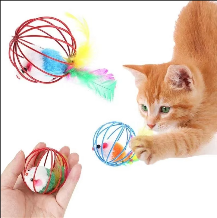 Close-up of cat toy mouse in cage with soft feather tail for active felines