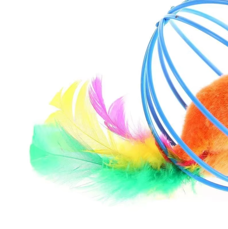 Durable cage enclosing a toy mouse with feather tail, perfect for cat enrichment
