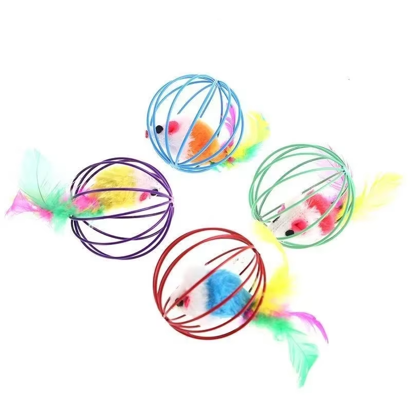 Engaging cat toy: mouse in a ball cage with attractive feather detail