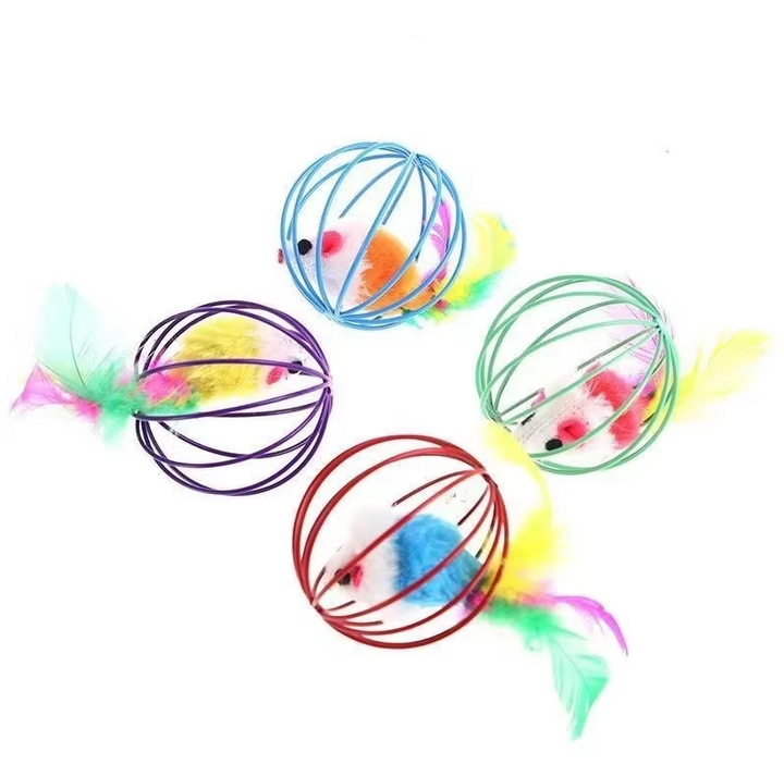 Engaging cat toy: mouse in a ball cage with attractive feather detail