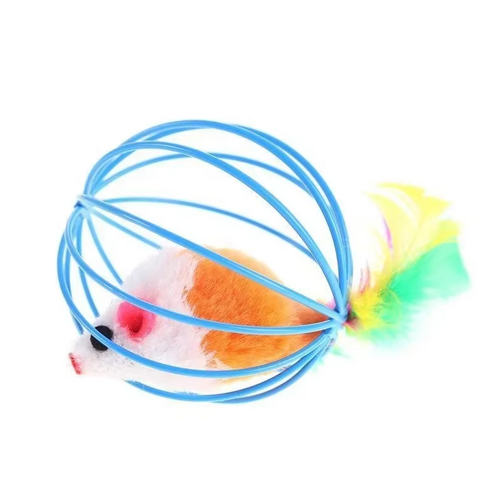 Pet enrichment: mouse in cage with feather, a classic interactive cat toy