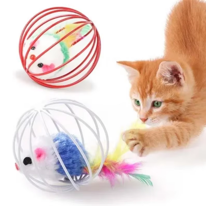 Playtime essential: cat toy mouse in cage with a whimsical feather tail