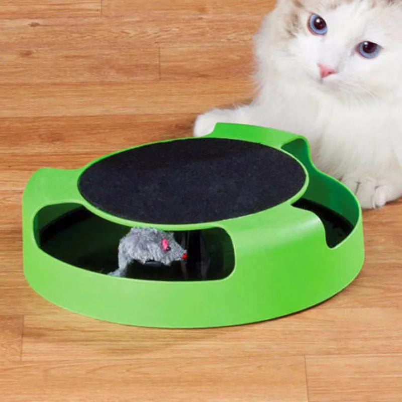 Interactive cat toy with a hidden mouse, designed to engage active felines in stimulating playtime.