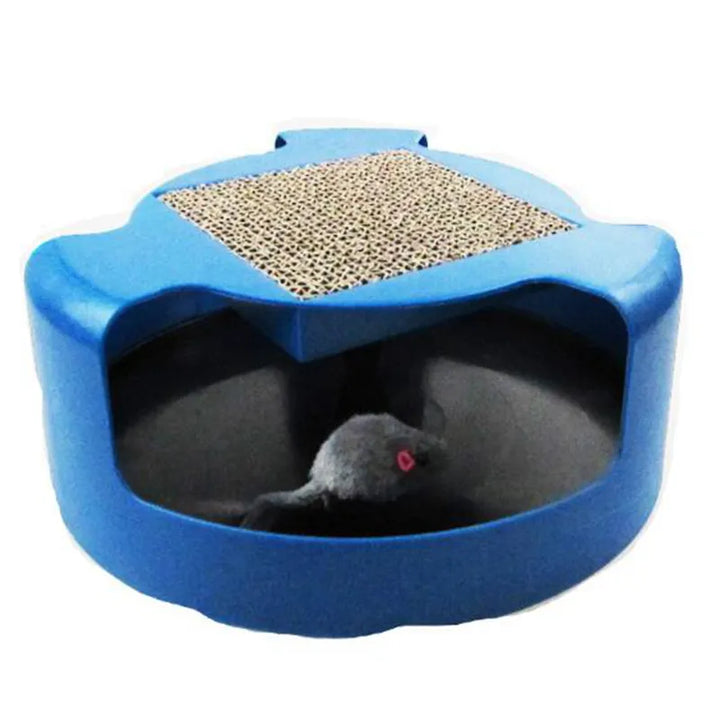 Feline enrichment toy with a pop-out mouse, providing mental stimulation for active cats.