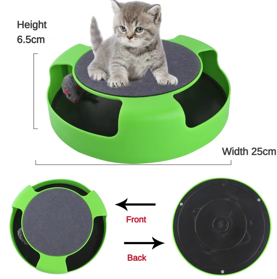 Happy cat pouncing on an interactive cat toy with a moving mouse, encouraging exercise.