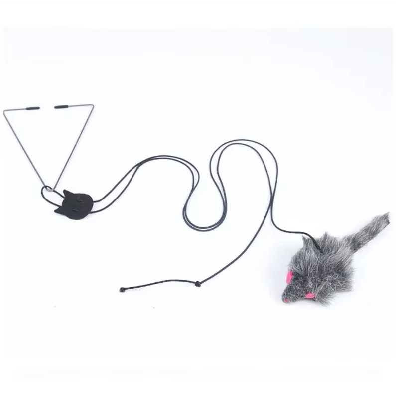 Interactive cat toy with a jumping mouse, designed to hang on a door for pet playtime and exercise.