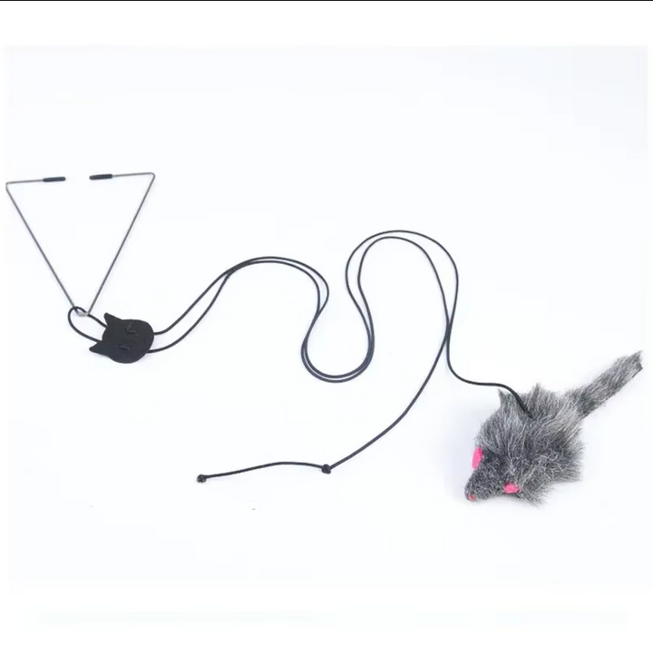 Interactive cat toy with a jumping mouse, designed to hang on a door for pet playtime and exercise.