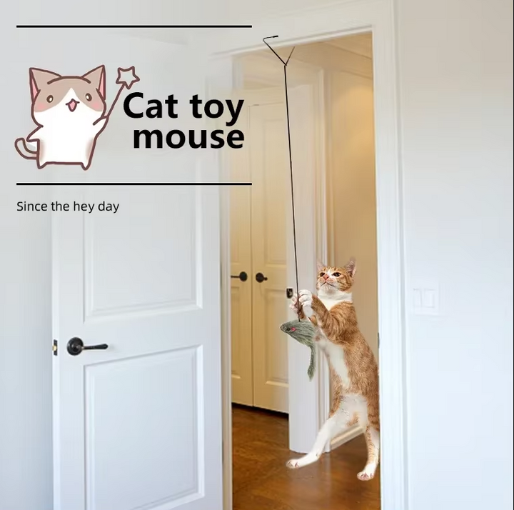 Door hanging cat toy featuring a grey furry mouse on an elastic string for engaging cat enrichment.