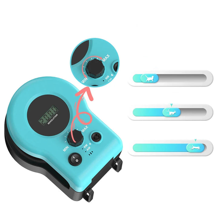 Cat pouncing on an interactive cat toy with adjustable speed, designed for indoor fun
