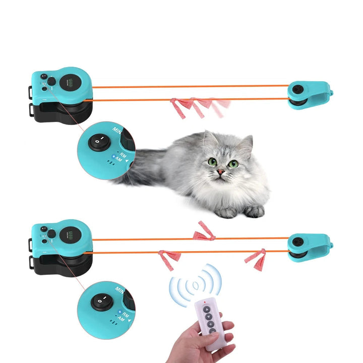Interactive cat toy, battery-powered, shown stimulating a cat's hunting instincts