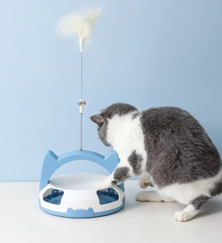 Pet exercise cat toy: feather wand attachment and a fascinating rolling ball pathway