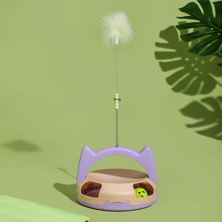 Interactive cat toy for active pets with a fluttering feather and a hidden rolling ball
