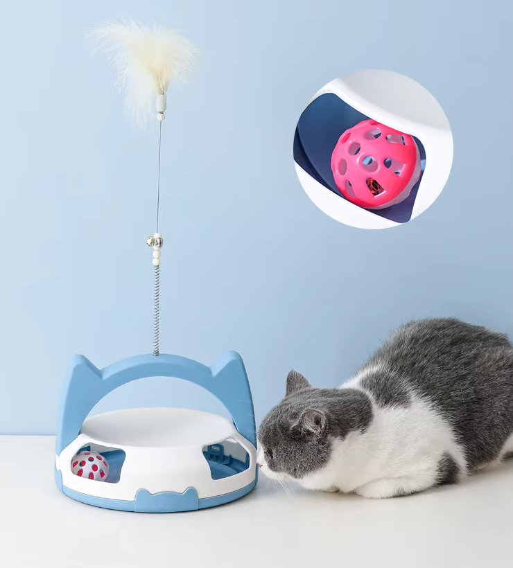Multi-sensory cat toy: feather and rolling ball design stimulates feline instincts