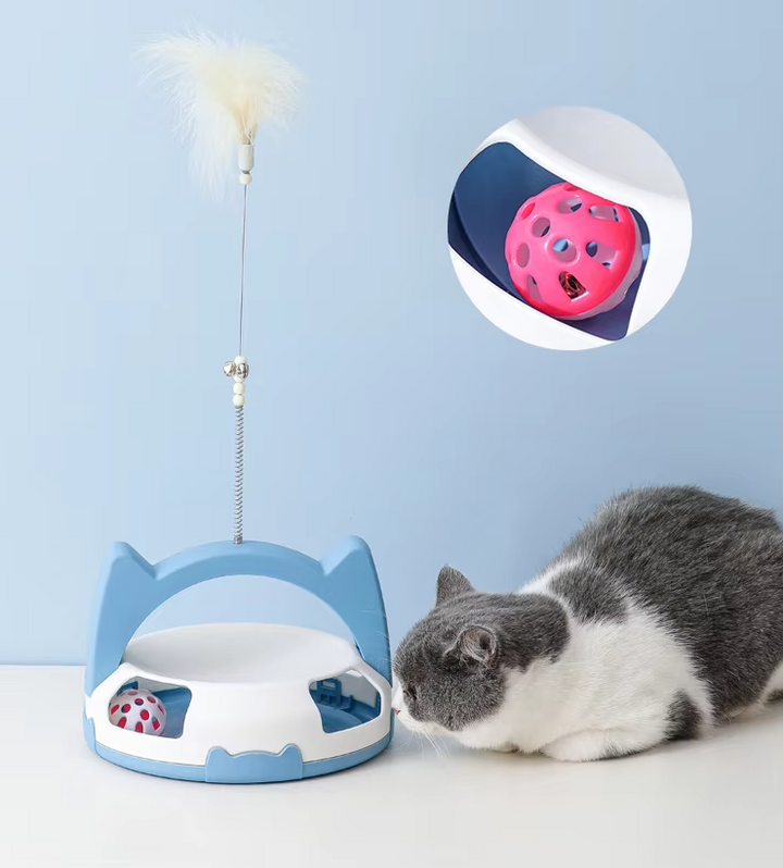 Multi-sensory cat toy: feather and rolling ball design stimulates feline instincts