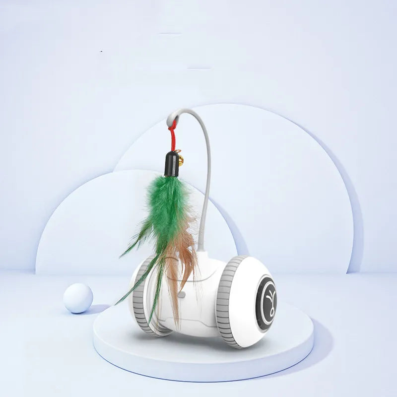 Top-down view of an interactive cat toy with a long flexible feather wand and stable round base
