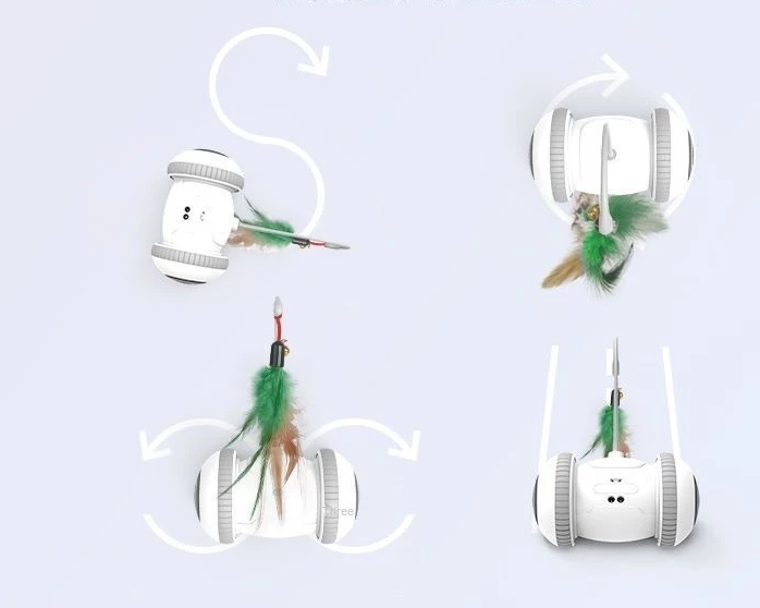 Interactive cat toy, feather wand attachment, shown on a hardwood floor, ready for play