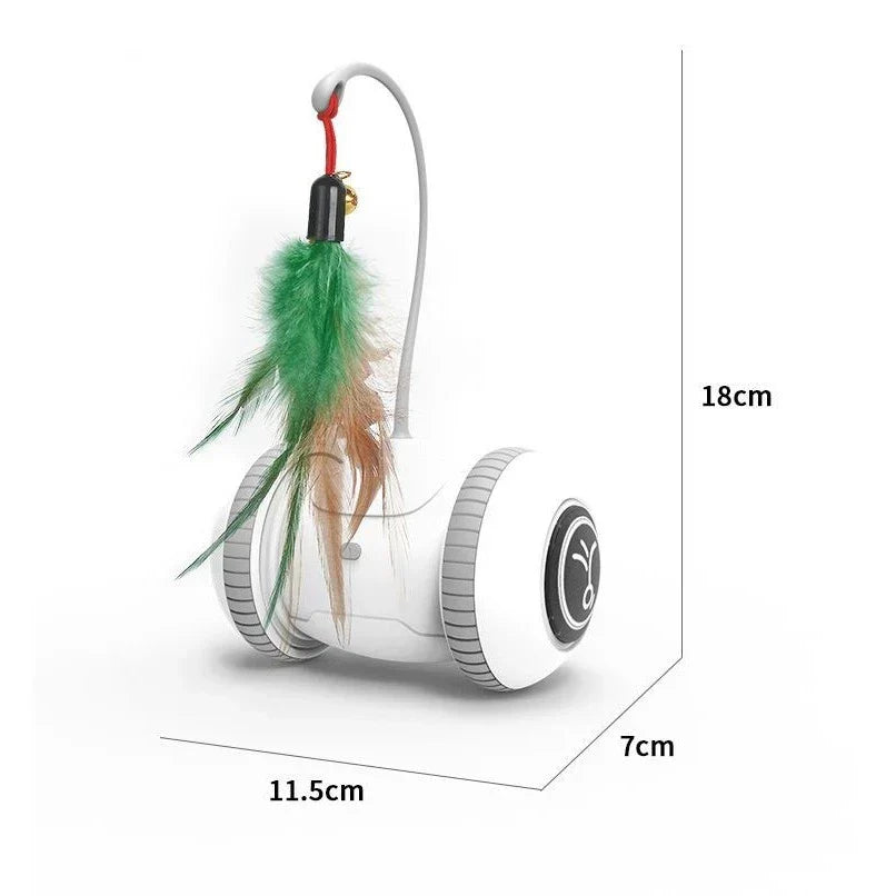 Detailed shot of the feather and durable plastic wand of an interactive cat play toy