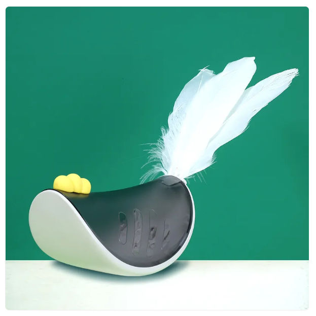 Engaging cat toy: Feather teaser on a snack dispenser for active play and pet enrichment