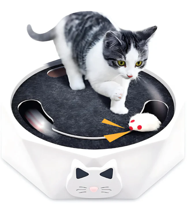 Interactive cat toy with motorized mouse under a yellow cover, encouraging feline play and exercise.