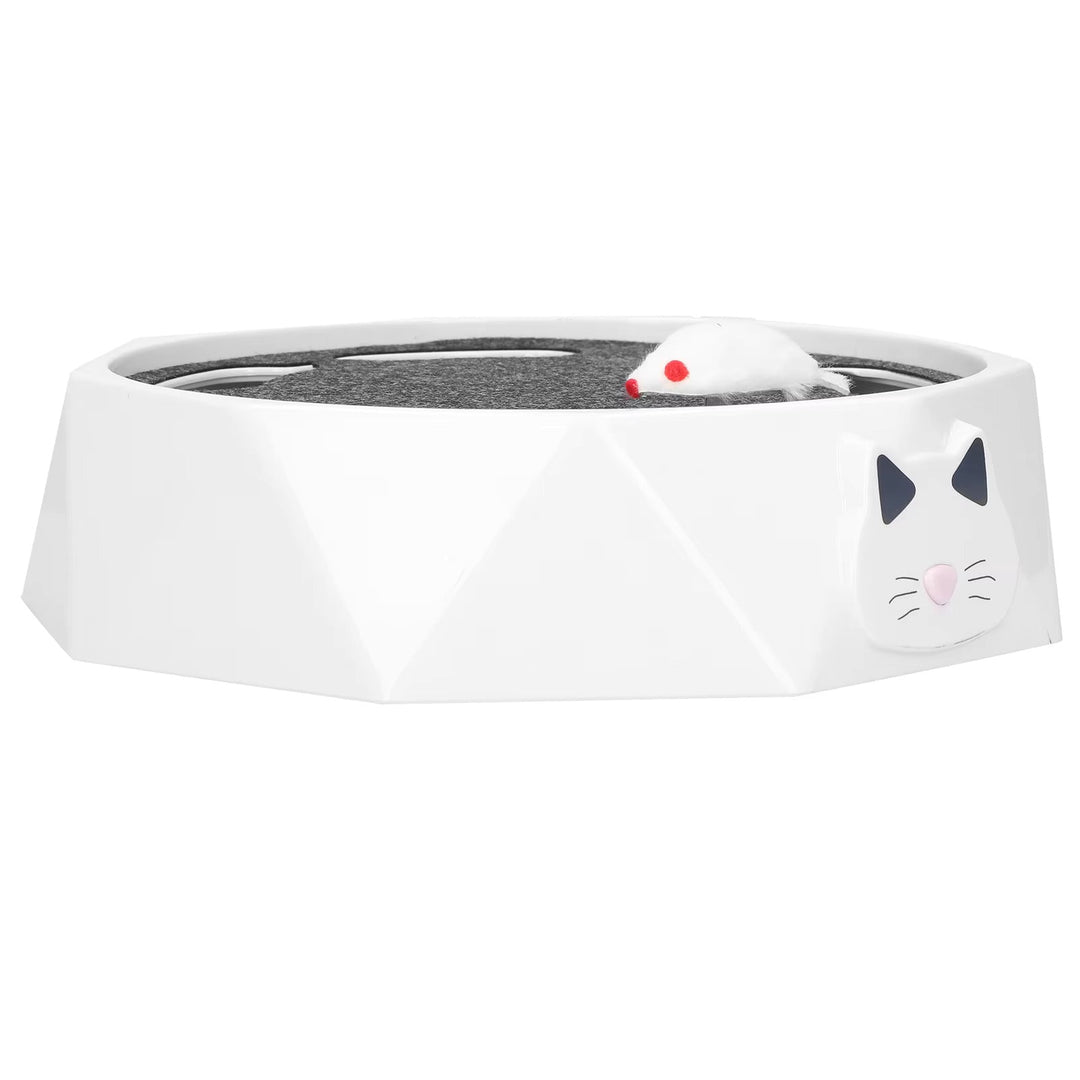 Close-up of a durable interactive cat toy with a moving mouse designed for pet enrichment and fun.