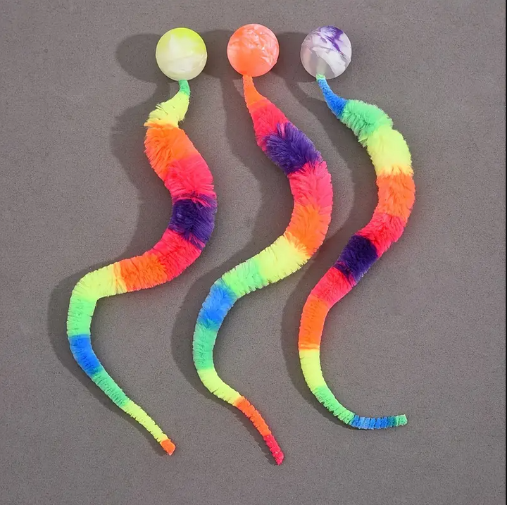Stress-relief interactive cat toy featuring a soft plush tail & durable ball for pets.