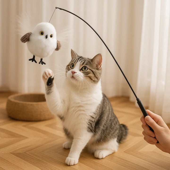 Fluttering bird cat toy engaging a cat in pouncing, simulating prey for mental stimulation.