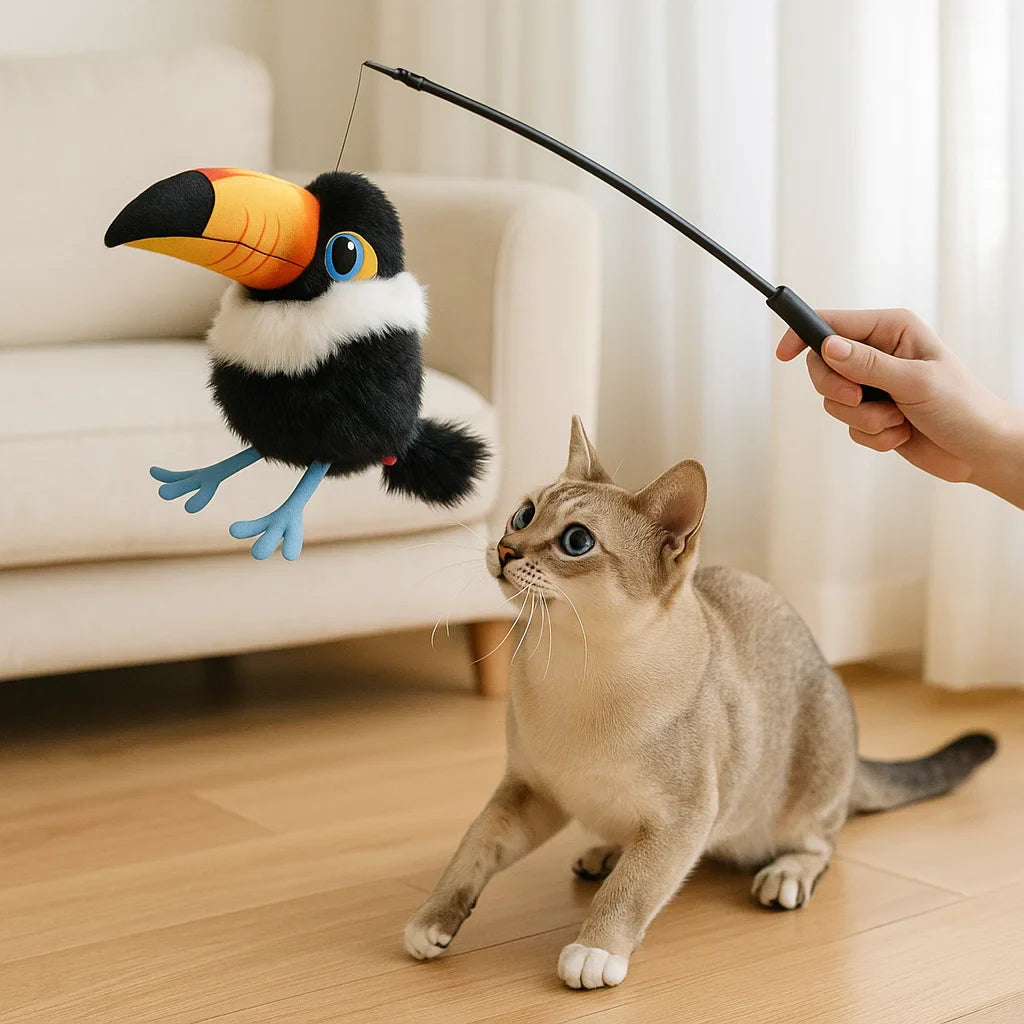 Close-up of interactive cat toy, detailed bird with fluttering wings and sound, for cats.