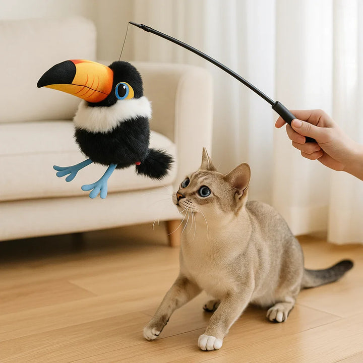 Close-up of interactive cat toy, detailed bird with fluttering wings and sound, for cats.