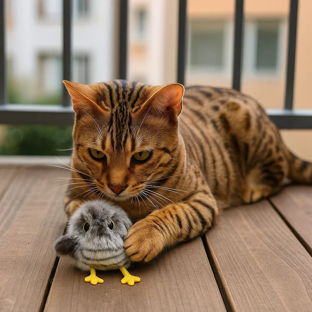 Cat batting at a realistic bird motion toy, promoting active playtime and hunting instincts.
