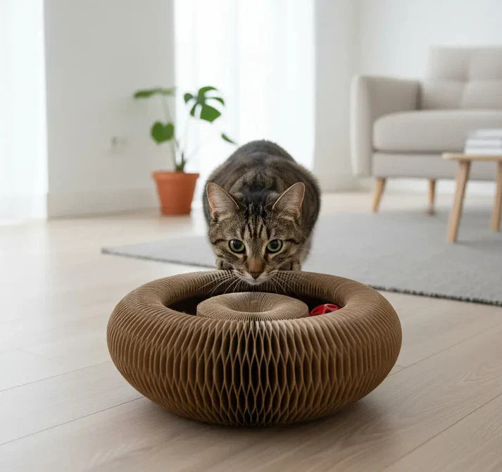 Interactive cat scratcher for feline enrichment, combining a durable pad with a stimulating ball toy