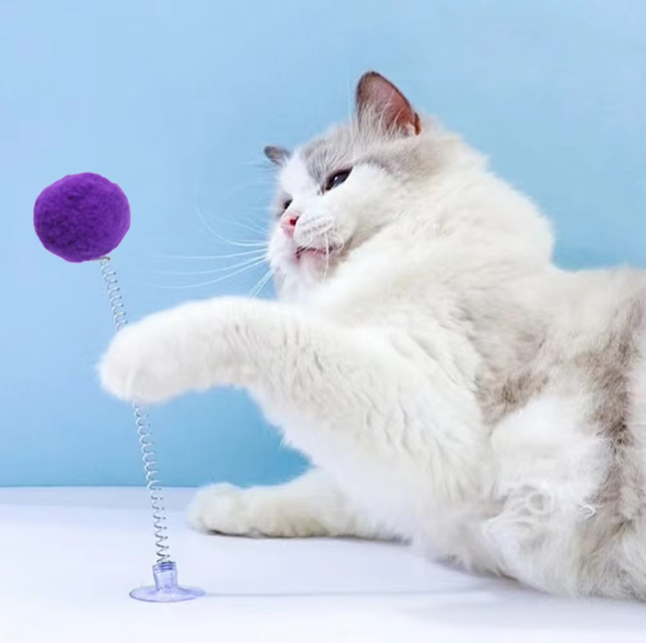 Interactive cat toy with suction cup base and feather wand, stimulating feline playtime.
