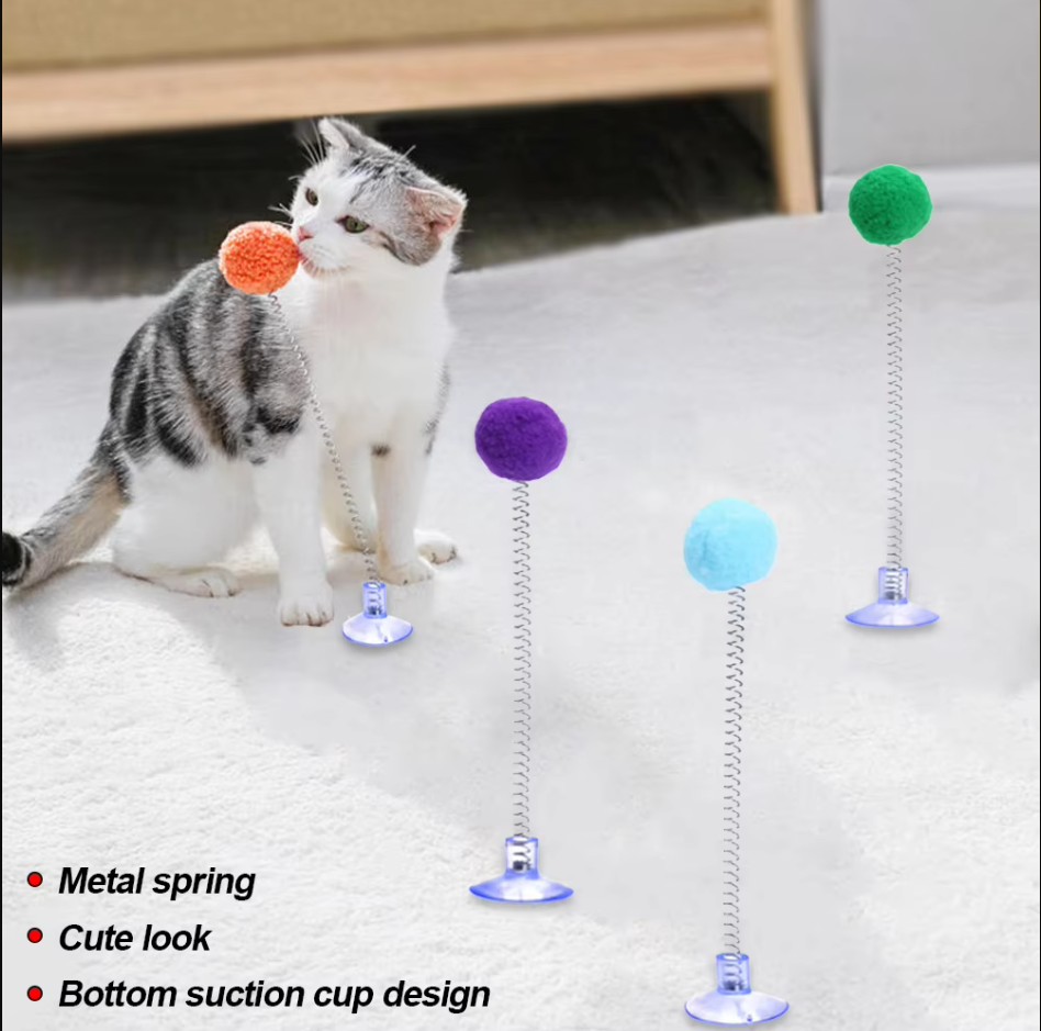 Durable suction cup cat toy with a long feather wand, perfect for interactive pet playtime.