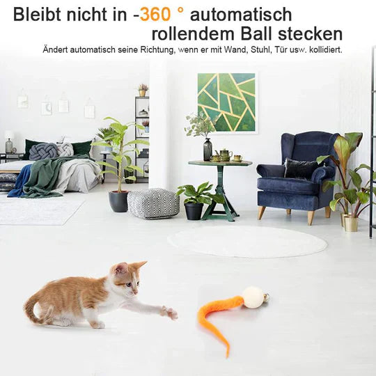 Animated interactive cat toy designed with a bell and wagging tail, perfect for feline activity