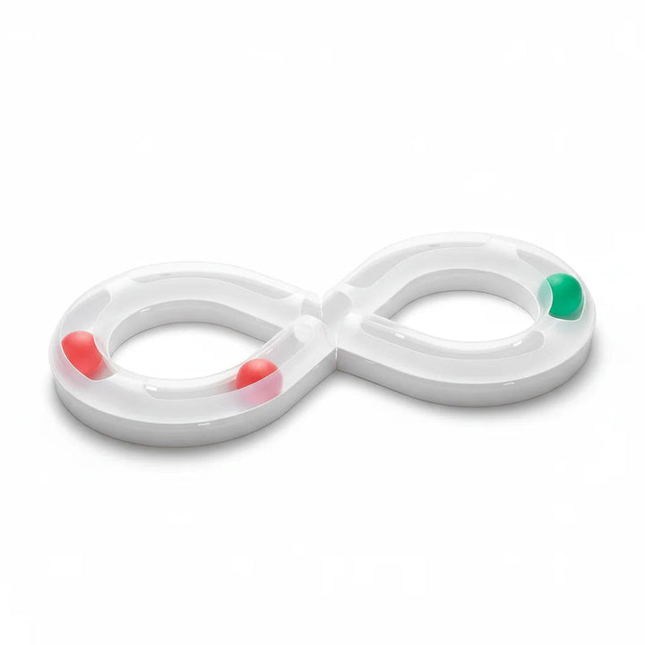 Interactive cat track toy with a yellow rolling ball on a blue track, stimulating pet exercise.