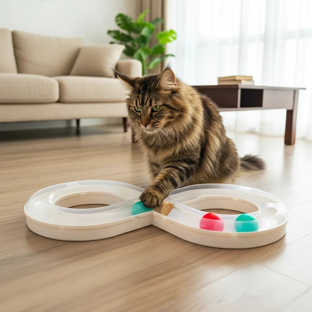 Compact cat track toy with a durable design, promoting mental stimulation for felines.