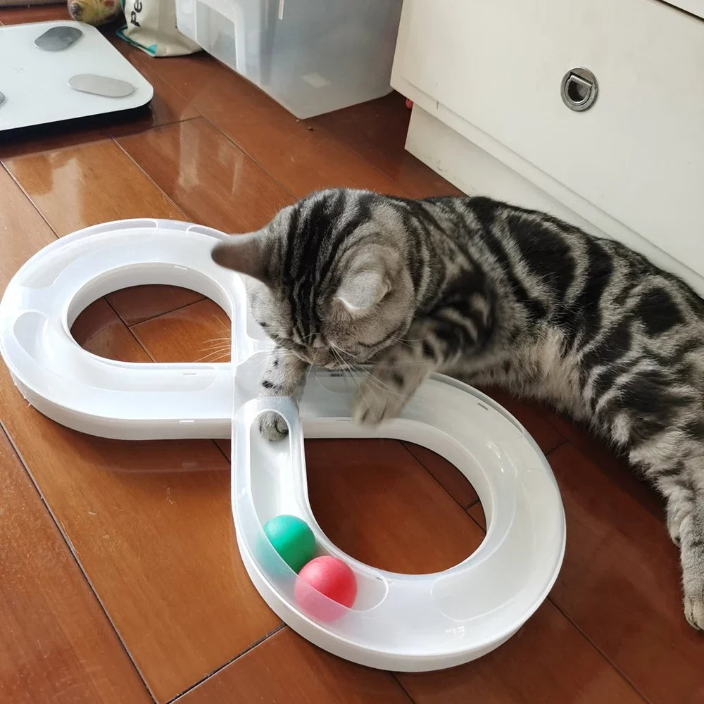Blue interactive cat toy featuring a rolling ball for engaging play and pet exercise.