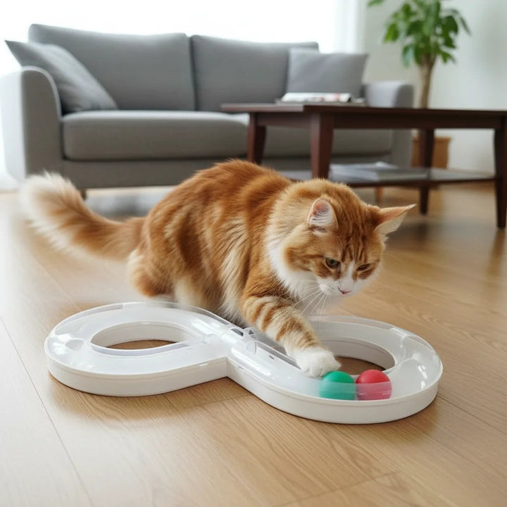 Durable interactive cat track toy with a bright rolling ball, perfect for active cats.