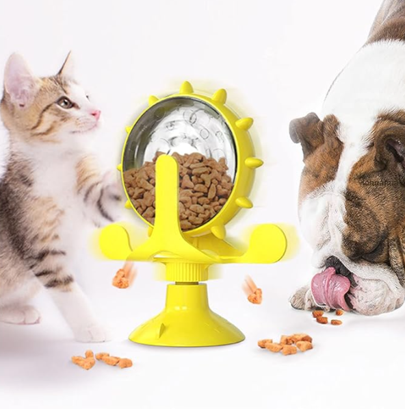 Interactive cat treat dispenser puzzle toy with food bowl for pet enrichment and play.