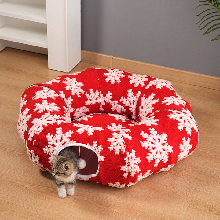 Multi-functional cat tunnel and bed with soft plush mat, pet supplies for cats