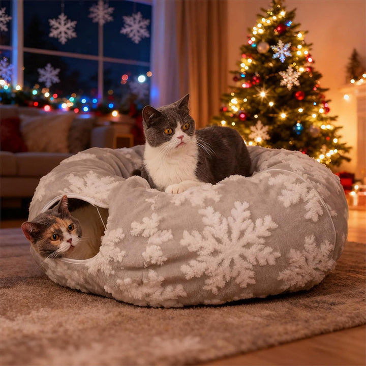 Interactive cat play tunnel featuring a plush mat for relaxation, cat supplies