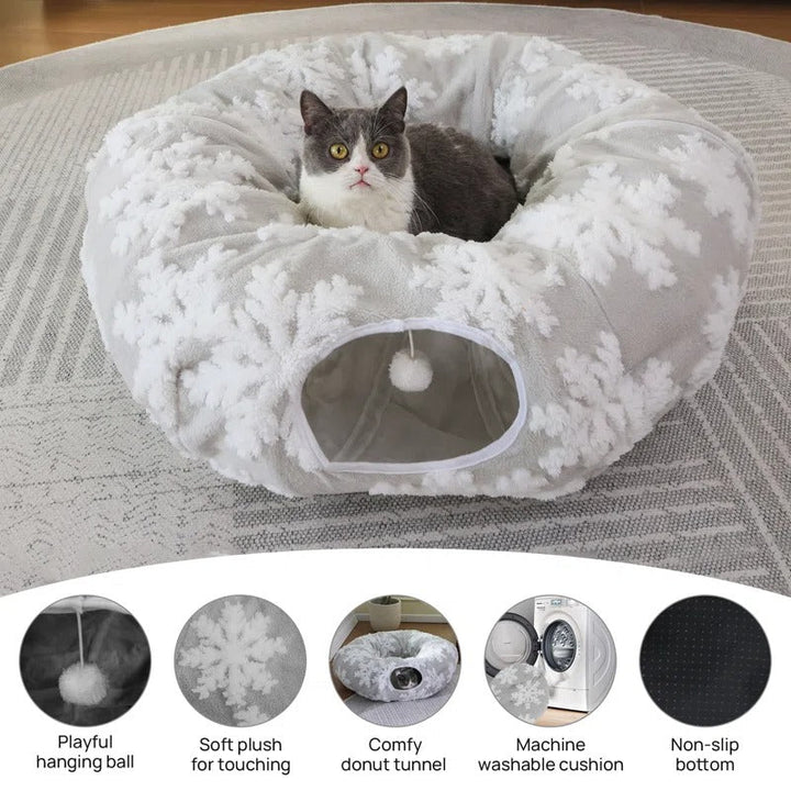 Pet tunnel with a soft plush mat, designed for indoor cats' play and sleep, interactive toy