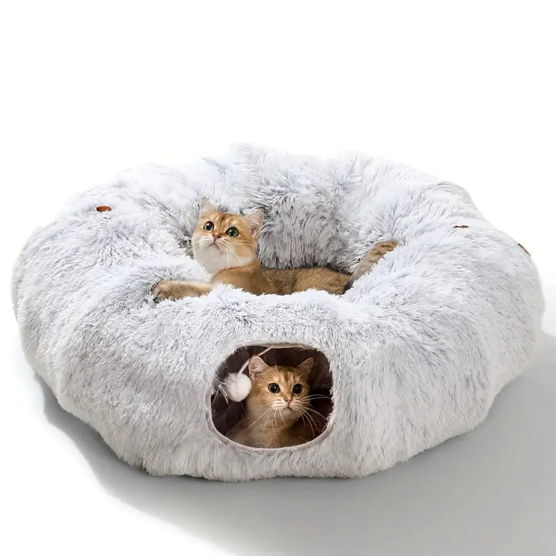 Cozy cat bed and play tunnel combo with soft plush mat included, cat supplies
