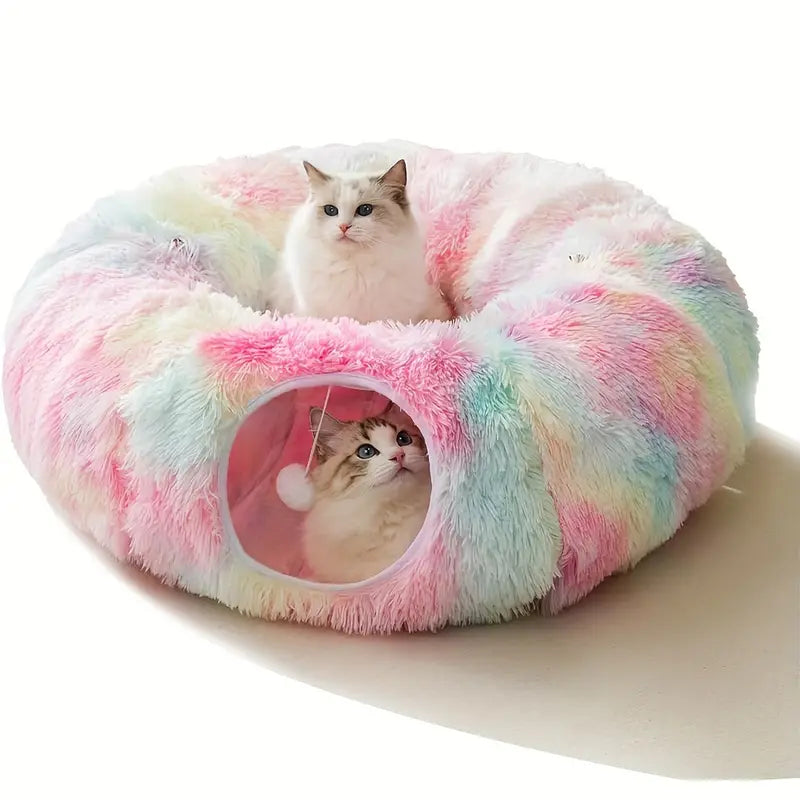 Engaging cat tunnel with cushioned plush mat, providing a safe haven, cat bed