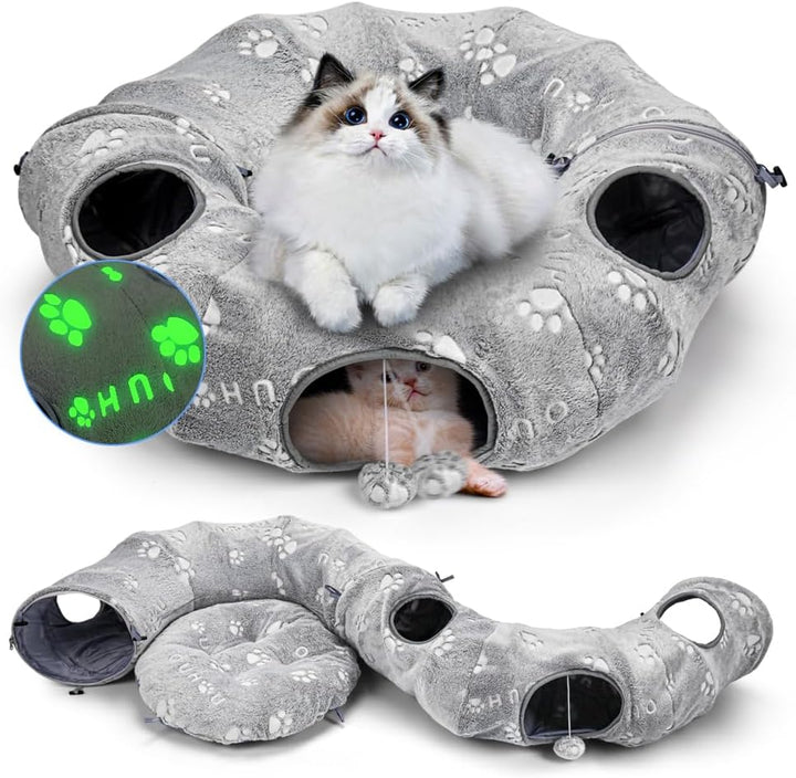 Christmas pet present: interactive cat tunnel with plush mat for joyful holidays, cat supplies