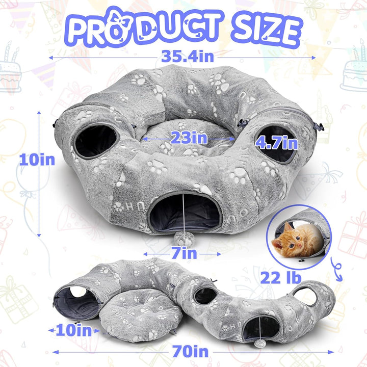 Indoor interactive cat tunnel with a plush lounging mat, perfect for enrichment, cat supplies